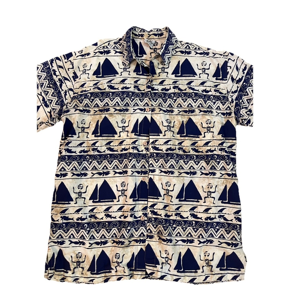 Rum Reggae Shirt Mens Large Cream Navy Blue‎  Sailboat Cavemen